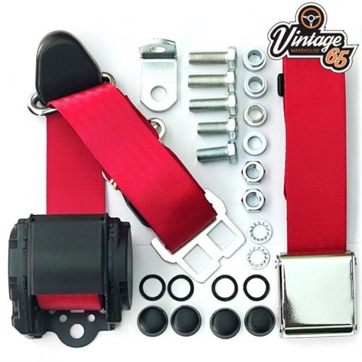 VW Beetle T1 T2 Front Seat Belt Kit Fully Automatic Chrome Buckle + Fittings Red
