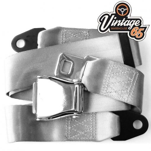 Classic Car Grey 2 Point Chrome Buckle Lap Seat Belt Adjustable Front Rear