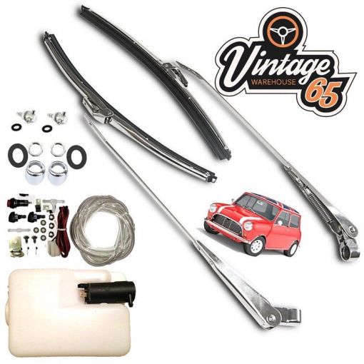Austin Mini Stainless Steel Wiper Arms Blades Bezels Twin Jets Washer Bottle Kit