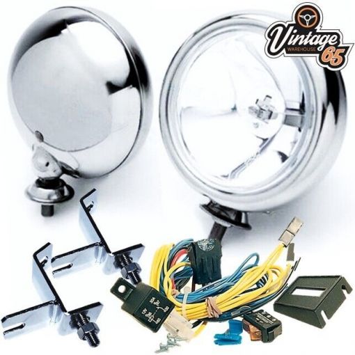 Classic Mini Chrome Spot Lights Mounting Brackets Wiring Kit Covers Wipac 5 ""