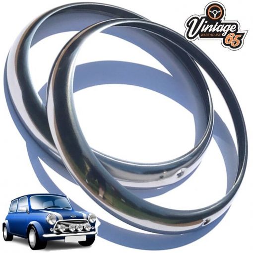 PAIR OF STAINLESS STEEL TRIMS RINGS BEZELS CLASSIC CAR 7"" HEADLIGHT LAMP MINI