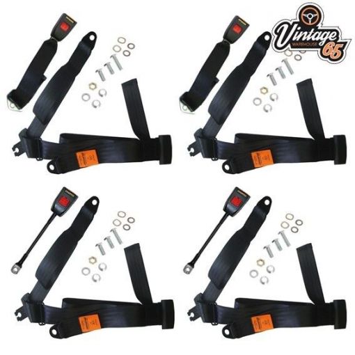 Morris Minor Saloon & Estate Front & Rear 3 Point E Approved Seat Belt Set Black