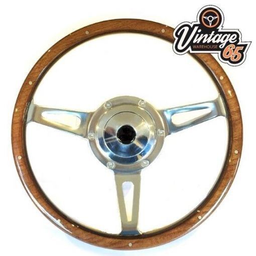 Classic Car 15"" Riveted Light Wood Rim Steering Wheel With Boss Kit Chrome Horn
