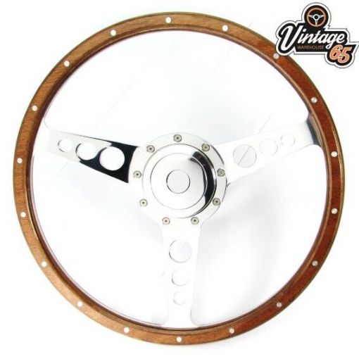 Classic Car 13"" Semi Dished Light Wood Rim Steering Wheel, Alloy Horn & Boss Kit