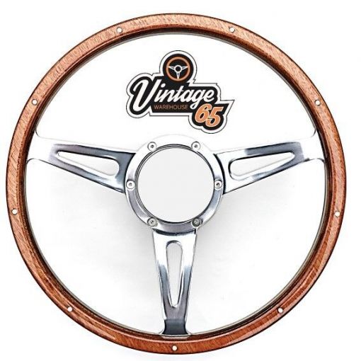 Vintage Warehouse Classic 14"" Riveted Light Woodrim Semi Dished Steering Wheel