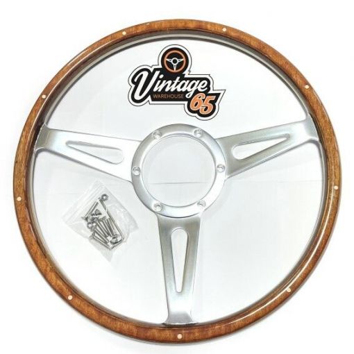 Wood Rim Steering Wheel & Fitting Ring 15"" 3 Spoke Riveted Classic Car