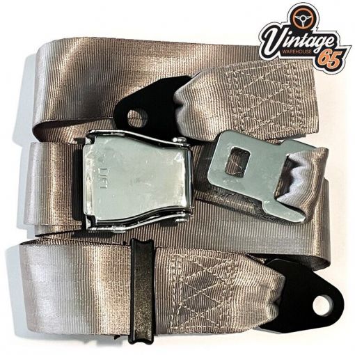 Classic Triumph MG Chrome Buckle 2 Point Adjustable Static Seat Lap Belt Grey