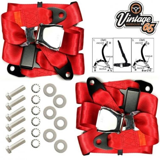 Classic Volkswagen Red Chrome Buckle 3 Point Adjustable Static Seat Belts Pair