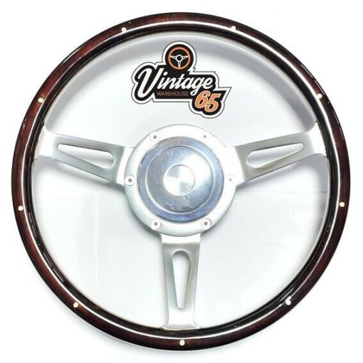 Wood Rim Steering Wheel 14"" Boss Kit Polished Alloy Horn Riveted Classic Car