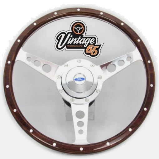 14"" Wood Rim Polished Alloy Horn Steering Wheel & Boss Kit For Ford Cortina Mk1
