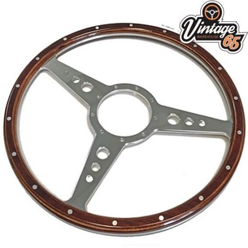 Triumph 5/8"" 36 Spline 15"" Flat Vintage Riveted Wood Rim Steering Wheel Boss Kit