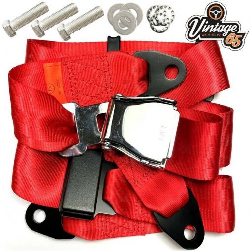 Classic Volkswagen Chrome Buckle 3 Point Adjustable Static Seat Belt Kit Red