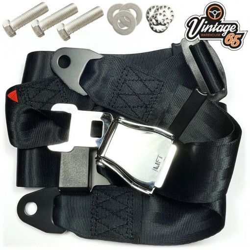 Classic Austin Mini Chrome Buckle 3 Point Adjustable Static Seat Belt Kit Black