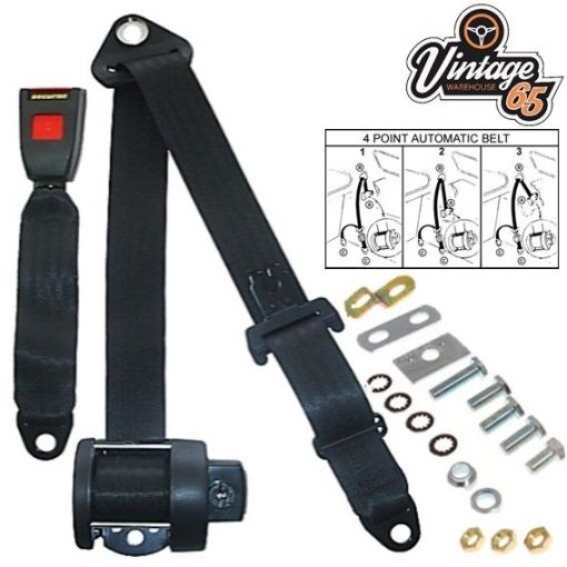 Vintage Warehouse Front Rear 4 Point Automatic Lap & Diagonal Seat Belt Kit Blk