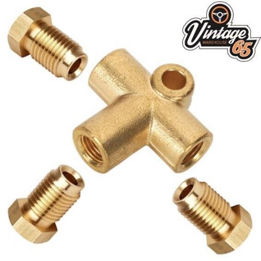 7/16"" UNF x 20Tpi Brass 3 Way Female T Piece Connector Plus Males for 1/4"" Pipe