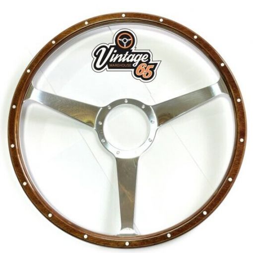 Classic Car Van Camper 17"" Dark Wood Rim Polished Alloy Riveted Steering Wheel