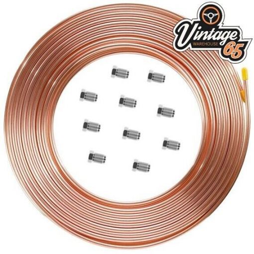 Copper Brake Pipe Line 1/4"" 25ft BS Rated + 12mm x 1mm Male Connectors x10