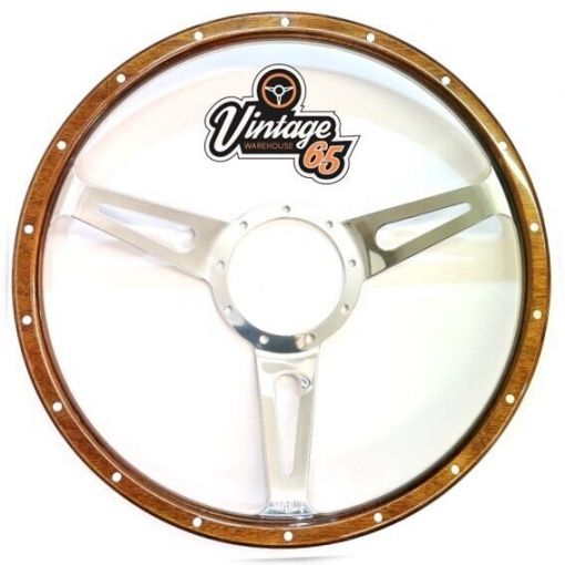 Classic Car Wood Rim Steering Wheel 15"" dish 9 hole Vintage Style Riveted & Ring