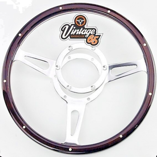 Vintage Warehouse Classic Dark Wood Rim Riveted Semi Dished 15"" Steering Wheel