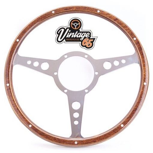 Classic Mini 15"" Flat Wood Rim Polished Alloy Horn Steering Wheel & Boss Kit