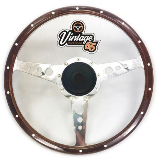 Vw Beetle 14"" Riveted Dark Wood Rim Dished Steering Wheel & Boss Fitting Kit