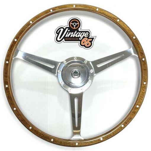 Wood Rim Steering Wheel 17"" Boss Kit Polished Alloy Horn Riveted Classic Car