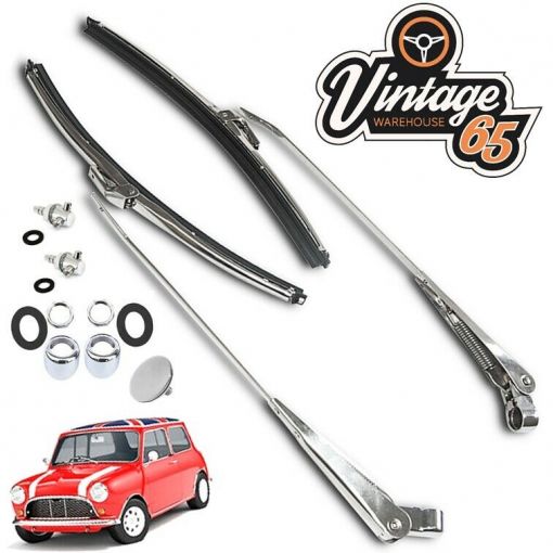 Classic Mini Wiper Kit Stainless Steel Arms 10"" Wiper Blades Chrome Bezels Jets