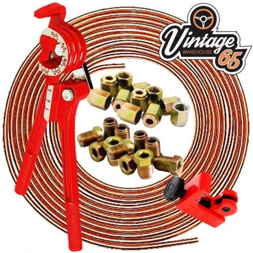 27pc Copper Brake Pipe Line 3/16"" 25ft Cutter Male Female Nuts Bender Repair Set