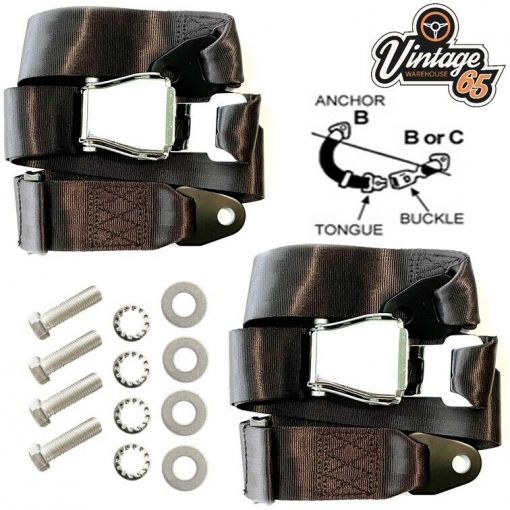 Classic Car Black 2 Point Chrome Buckle Lap Seat Belt Adjustable Front Rear Pair