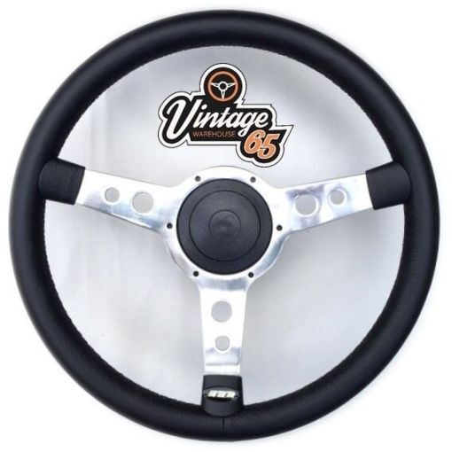 Classic Car 15"" Retro Polished Spoke Black Vinyl Steering Wheel Boss Fitting Kit