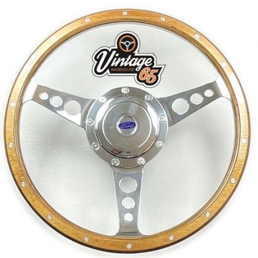 13"" Wood Rim Polished Alloy Horn Steering Wheel & Boss Kit For Ford Escort Mk1