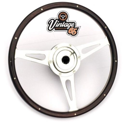 Classic Mini 14"" Riveted Dark Wood Rim Steering Wheel With Boss Kit Chrome Horn