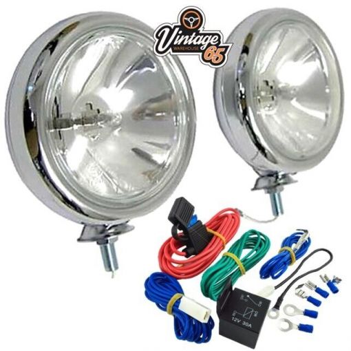 Classic Car New Front Chrome 55w Spot Lights Driving Lamps Pair + Wiring Kit