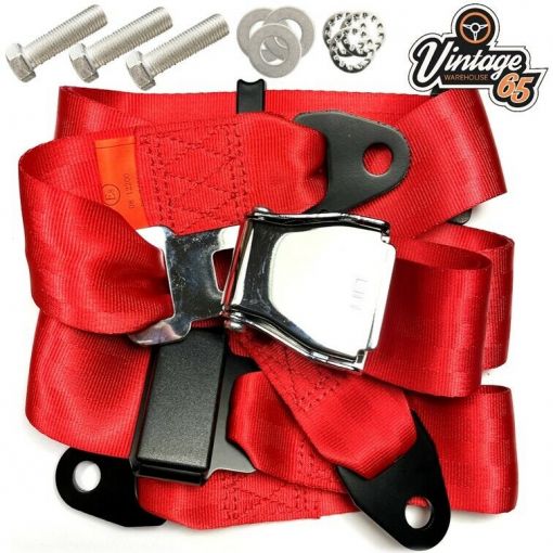 Classic Car 3 Point Chrome Buckle Lap Seat Belt Adjustable Front or Rear Red