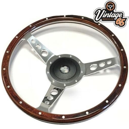 Classic Car 14"" Riveted Dark Wood Split Rim 3 Spoke Steering Wheel & Boss Kit